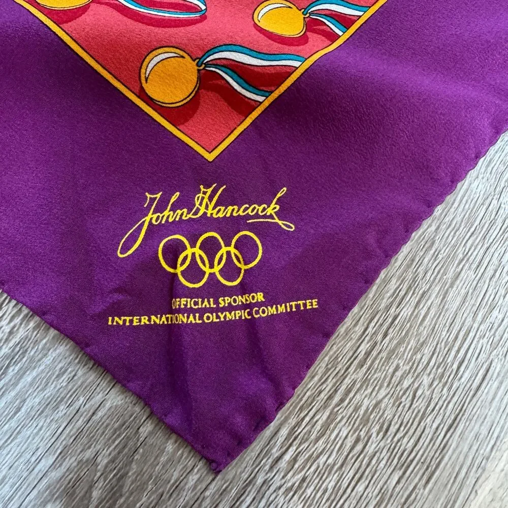 Vintage John Hancock Olympic Silk Scarf Purple Medal Print 33x33 Retro 80s 90s